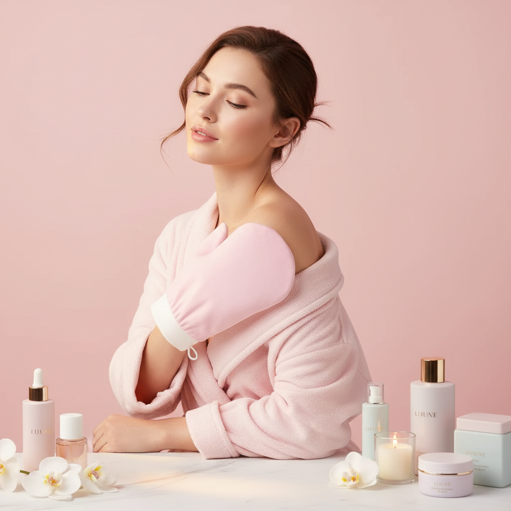 Femme avec gant rose sur l'épaule