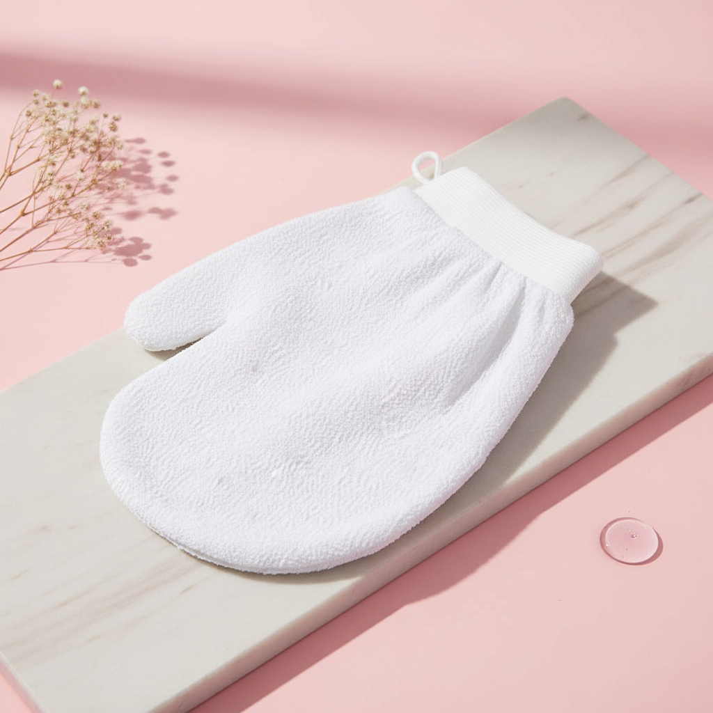 Gant exfoliant blanc - fond pastel
