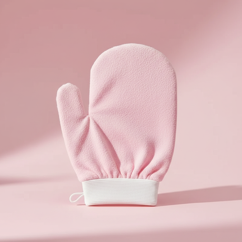 Gant exfoliant rose - fond pastel